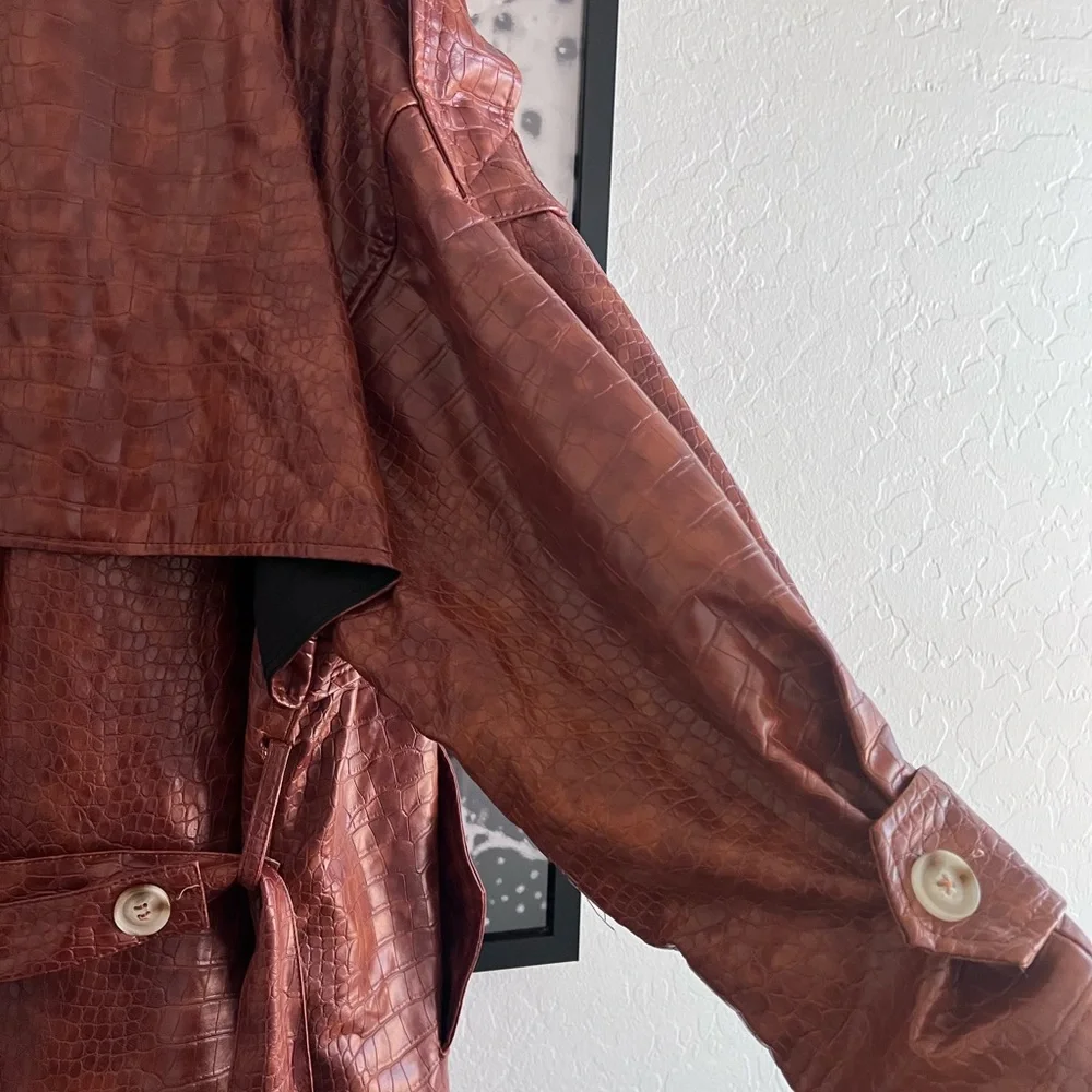 Nasty Gal Brown Oversized Faux Leather Croc Embossed Trench Coat XXL - Picture 12 of 12
